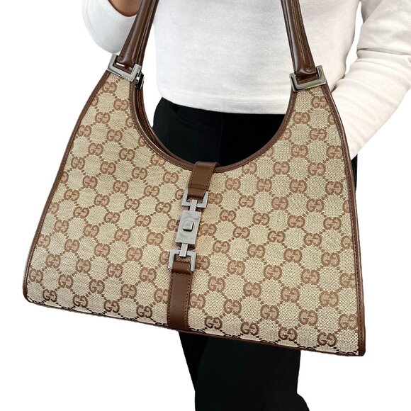 GUCCI Vintage GG Monogram Logo Jackie Shoulder Bag Brown Beige Canvas [105960] - Picture 3 of 12